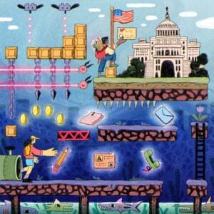 People in a video game landscape of the election season