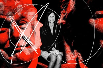 A red and black photo illustration of Debbie Chacona flanked by Donald Trump's face.