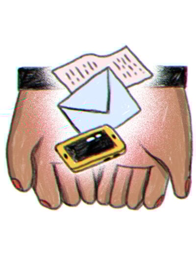 Voting backup plan, hands holding an envelope and a smart phone.
