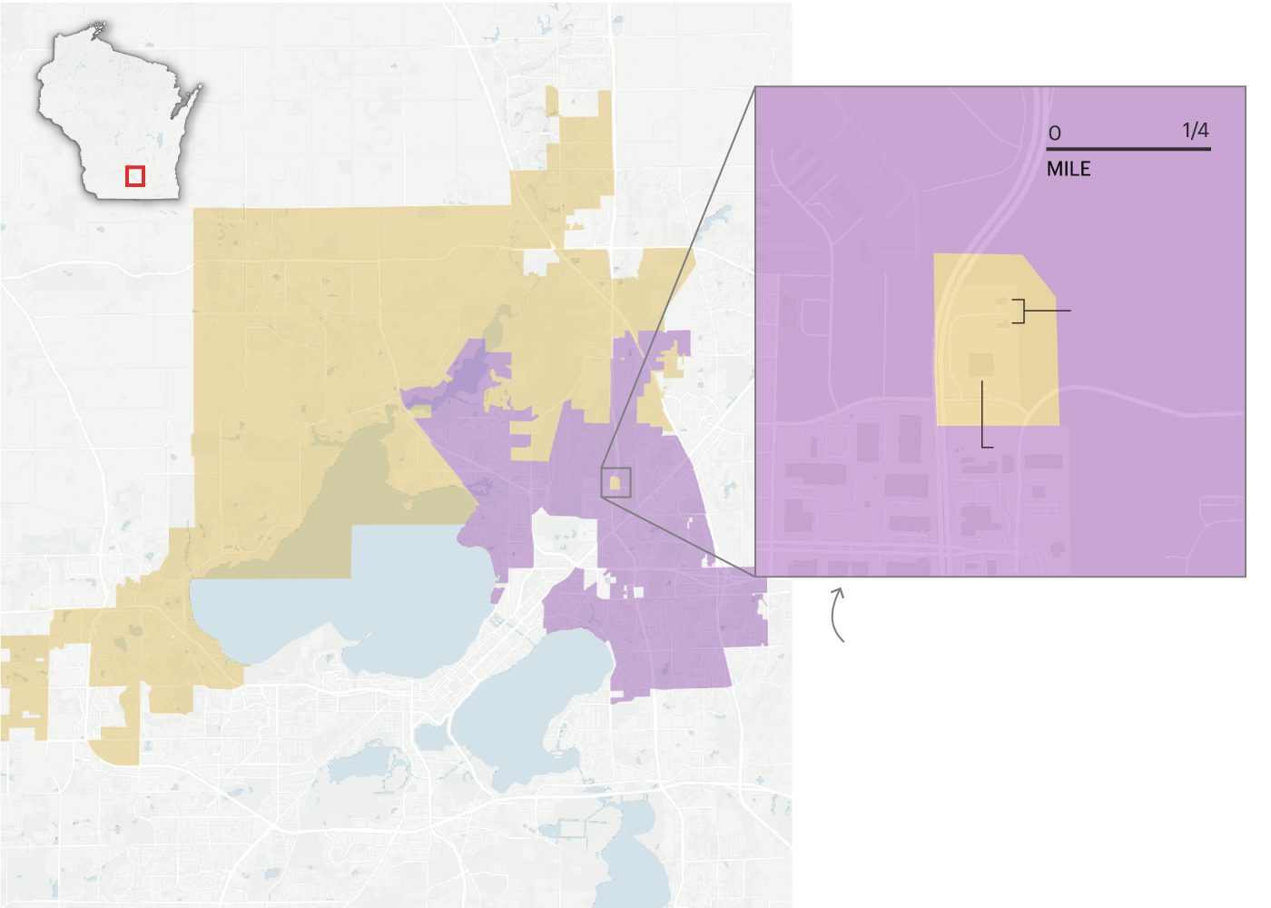 A larger map of the Madison area shows a purple area labeled 48th District and an orange area labeled 79th District. An inset map shows a zoomed-in area of the larger map, where a small island of the orange 79th District is surrounded by the purple 48th District. Two houses and a manufacturing plant are labeled within the orange island.